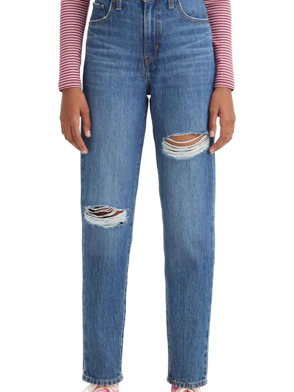 Levi's high waisted mom jeans (28)—Medium Blue Straight-Leg Distressed Jeans
